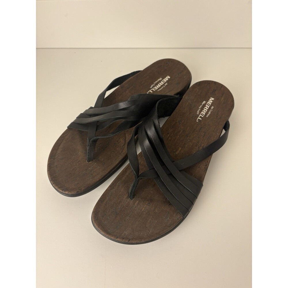 Merrill Strappy Black Leather Sandals Flat Comfort Women Size 9 Travel Classic